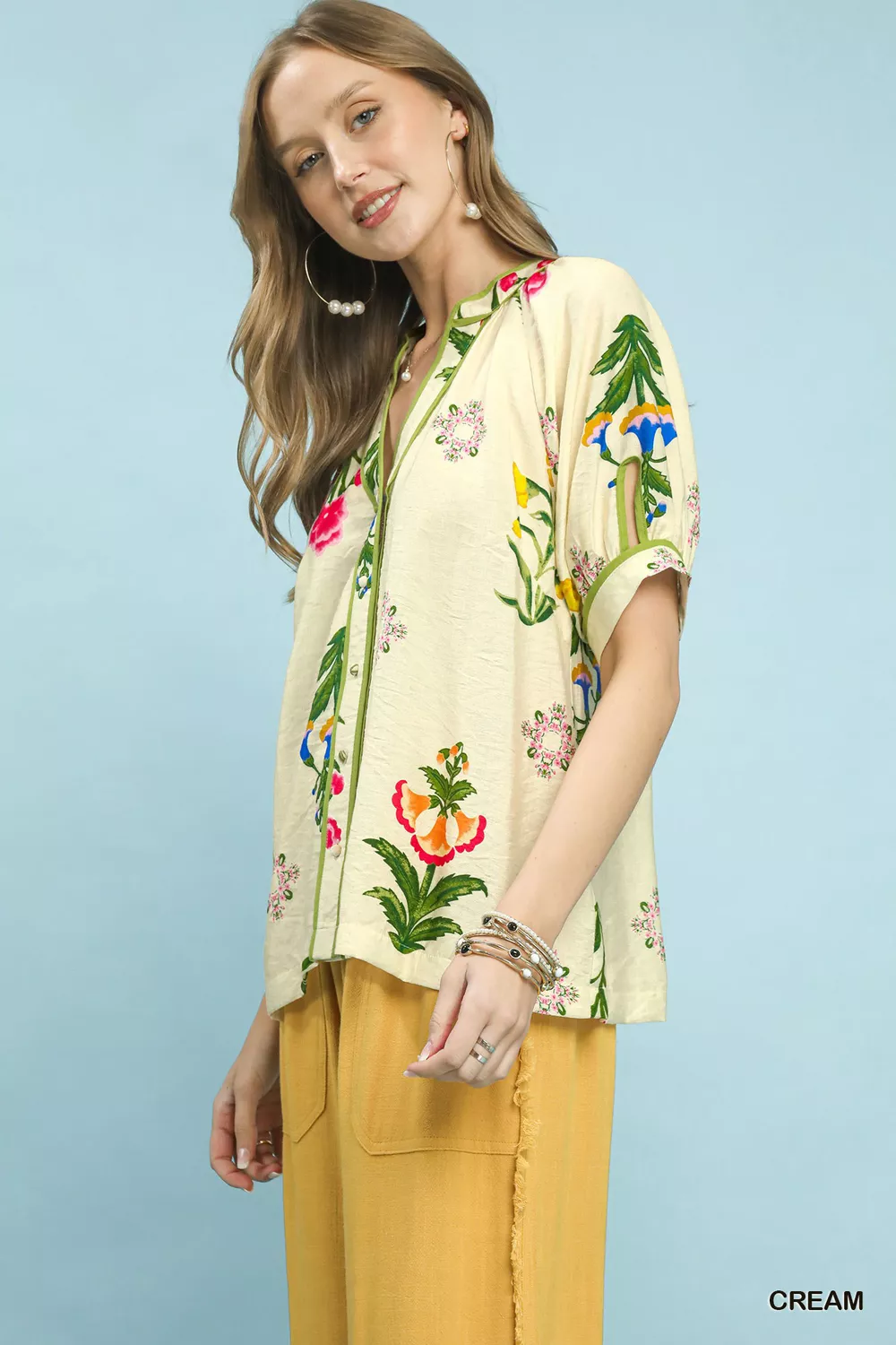 Botanical Print Contrast Trim Button Blouse, image 2