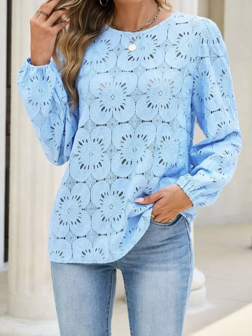 Floral Eyelet Lace Long Sleeve Blouse
