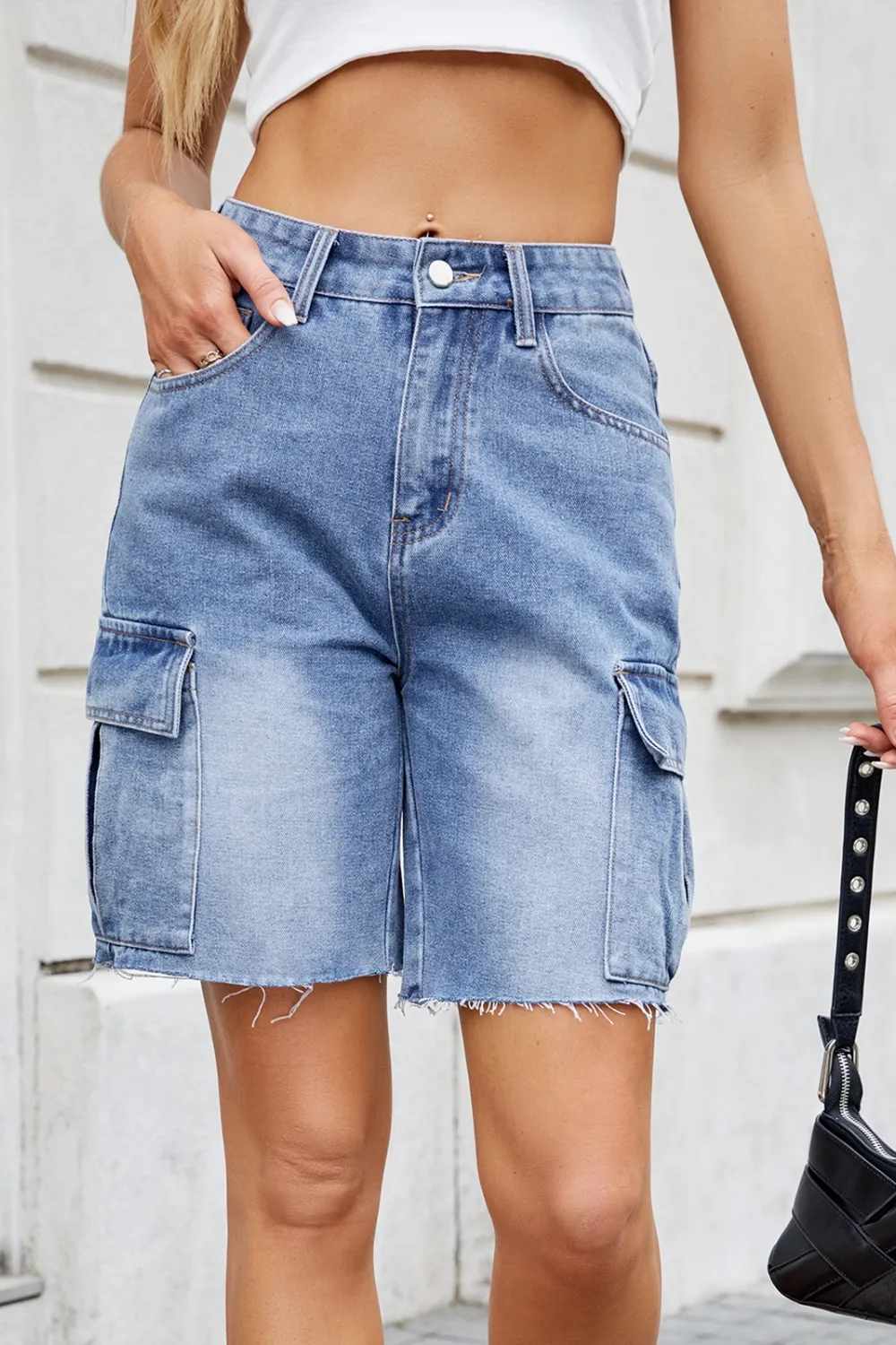 Raw Hem Washed Denim Shorts with Cargo Pockets, image 3