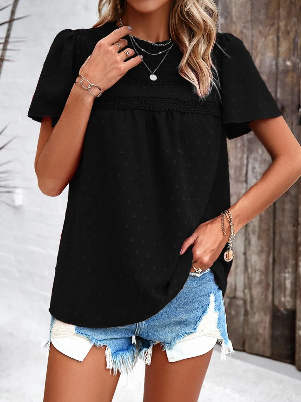 Swiss Dot Smocked Round Neck Short Sleeve Blouse, image 12