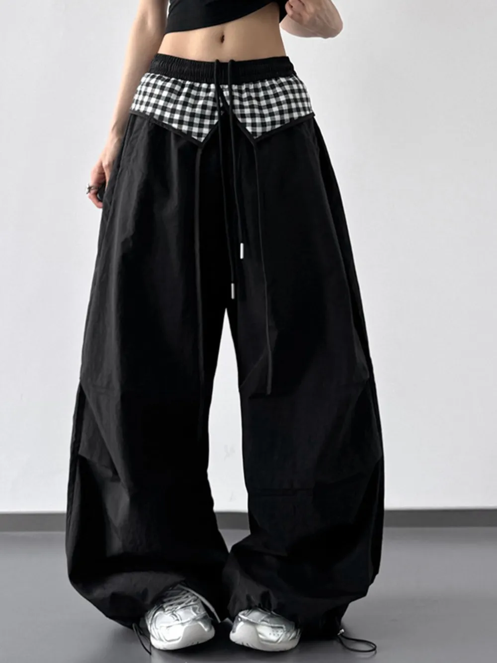 Wide Leg Pants with Checkered Detail, image 2