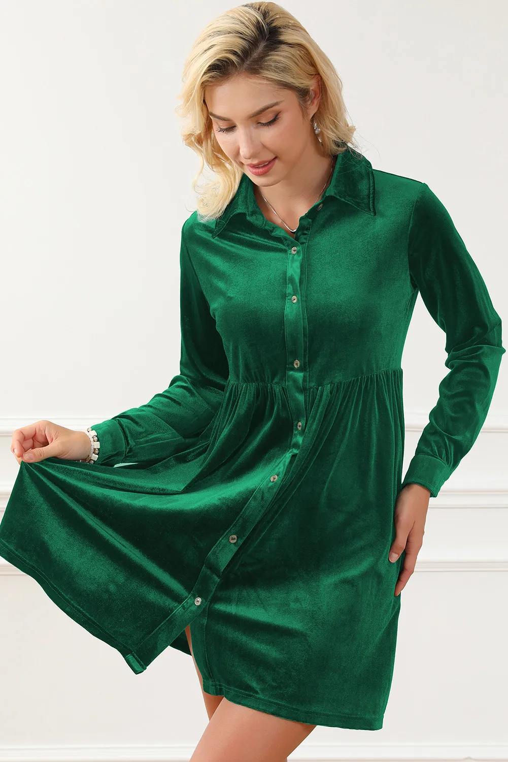 Ruched Button Up Collared Neck Long Sleeve Shirt Dress, image 3