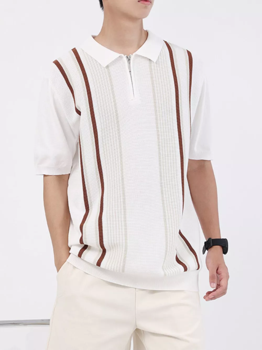 Men's Plus Size Striped Knit Polo with Zipper, image 7