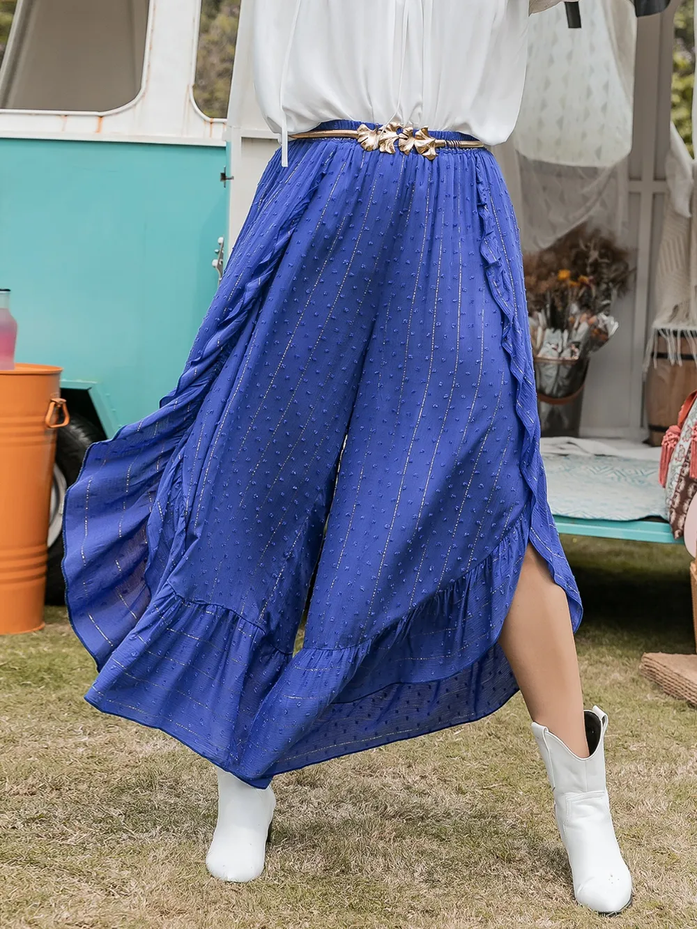 Plus Size Swiss Dot Ruffled Wide Leg Pants, image 6
