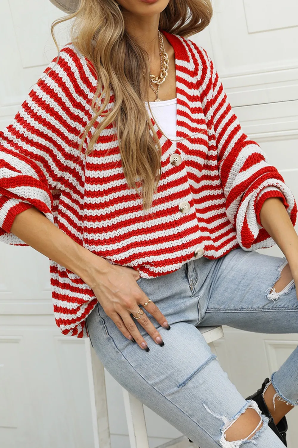 Striped Button Up Long Sleeve Cardigan, image 3