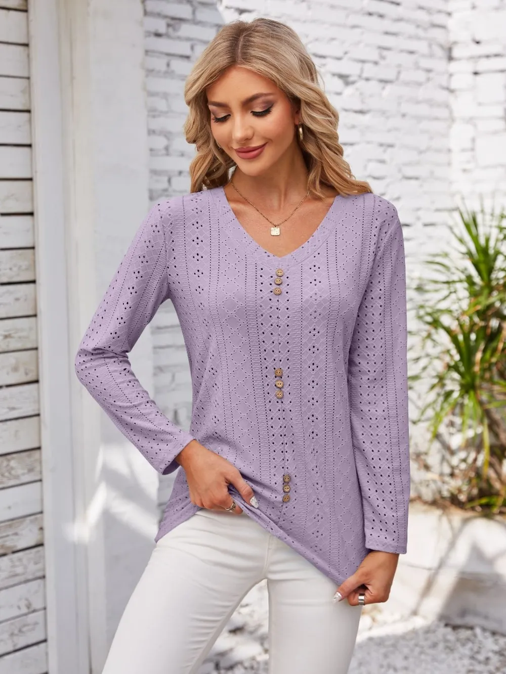 Decorative Button Openwork V-Neck T-Shirt, image 22
