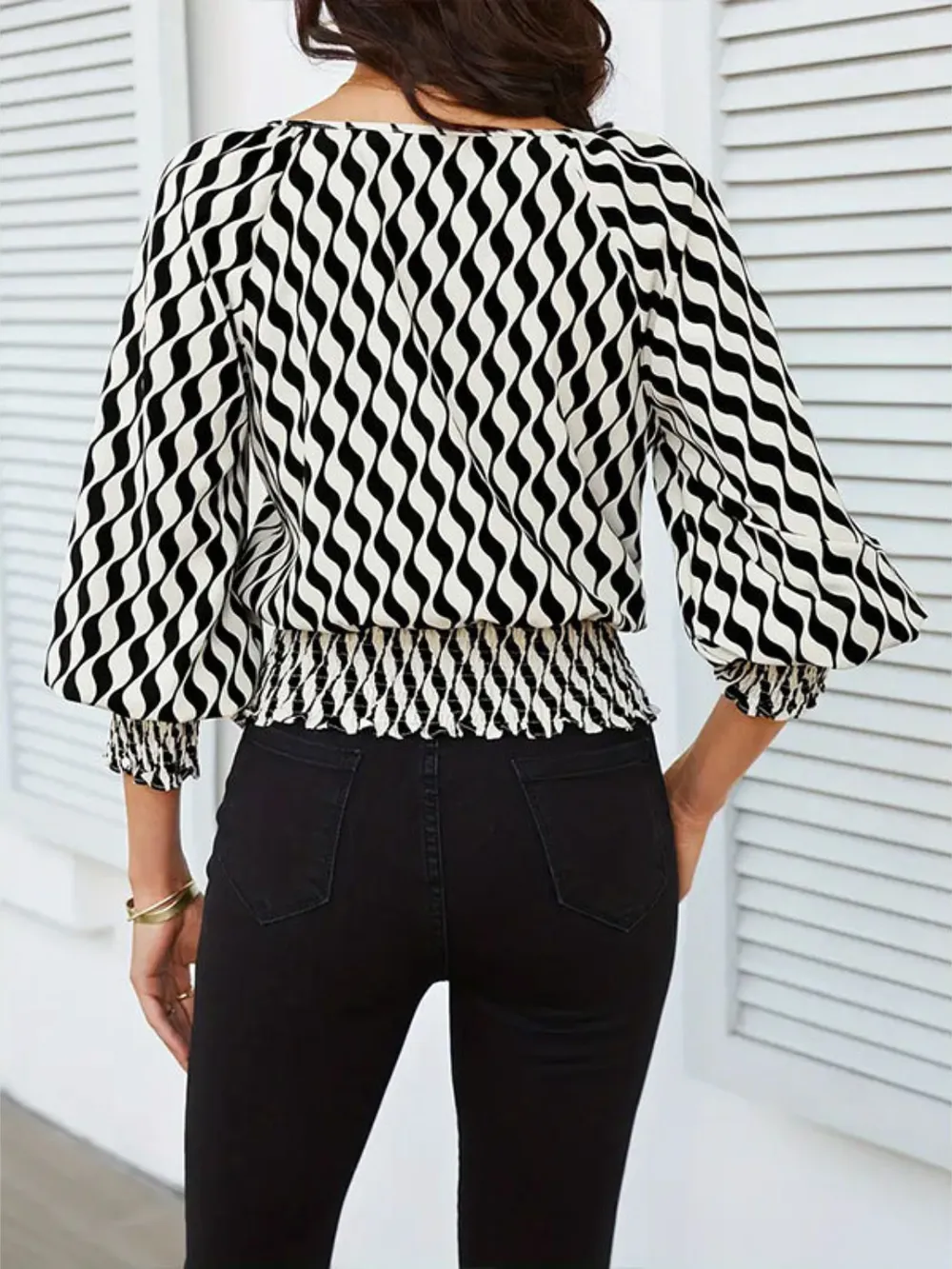 Geometric Print Lantern Sleeve Smocked Waist Blouse, image 3