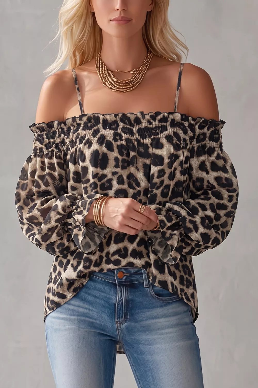 Spaghetti Strap Leopard Long Sleeve Blouse, image 6