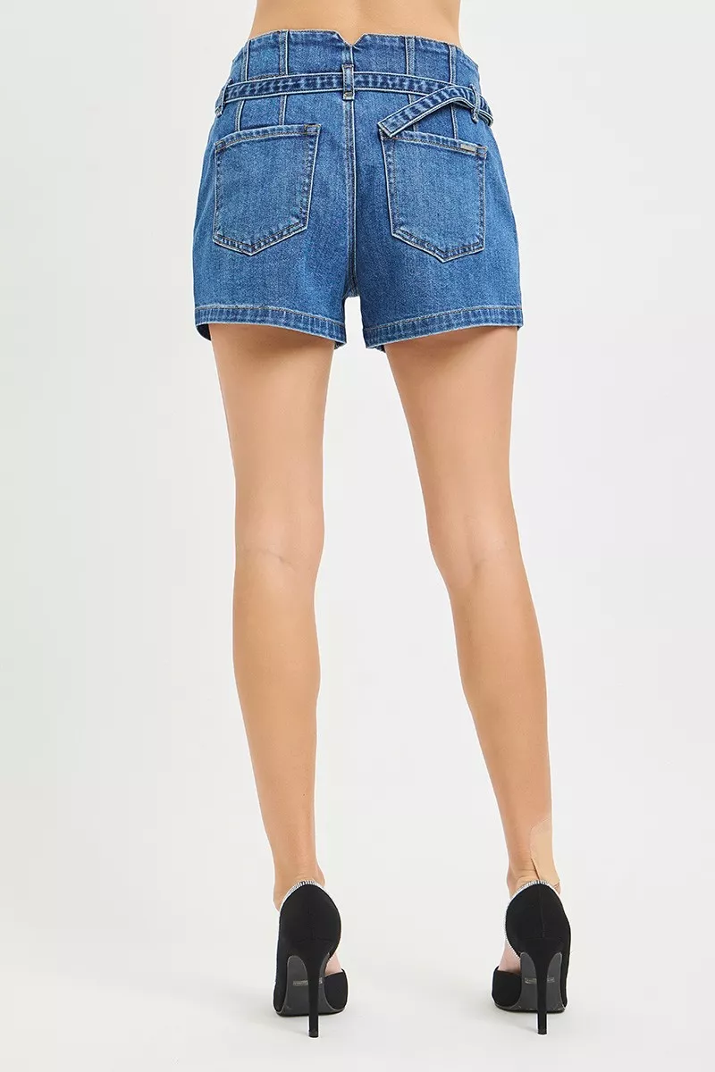 Double Button Slouchy Denim Shorts with Belt, image 4