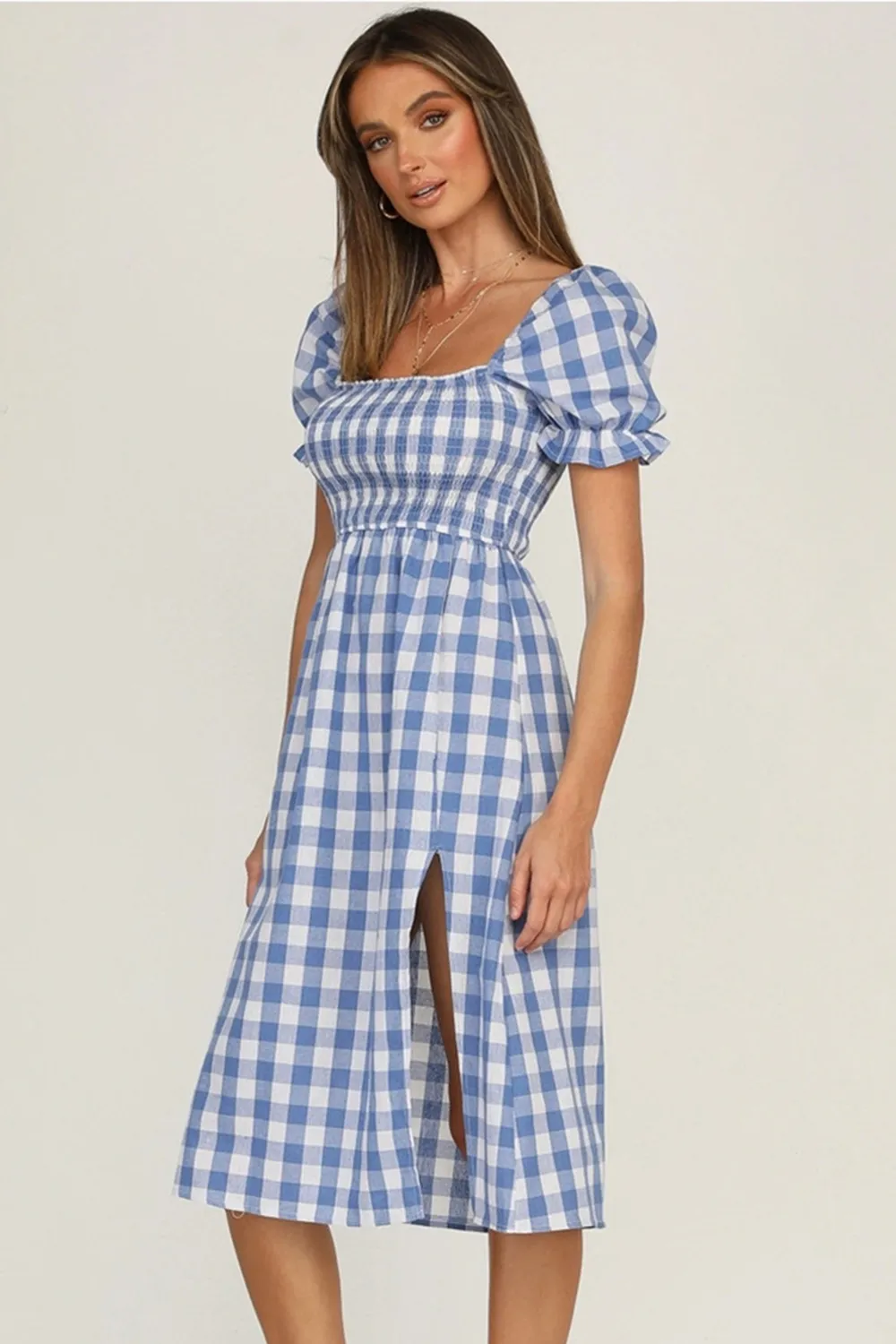 Full Size Slit Plaid Short Sleeve Midi Dress, image 9