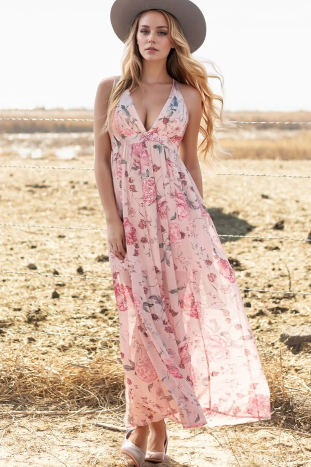 Floral Pleated Deep V Backless Maxi Dress, image 5