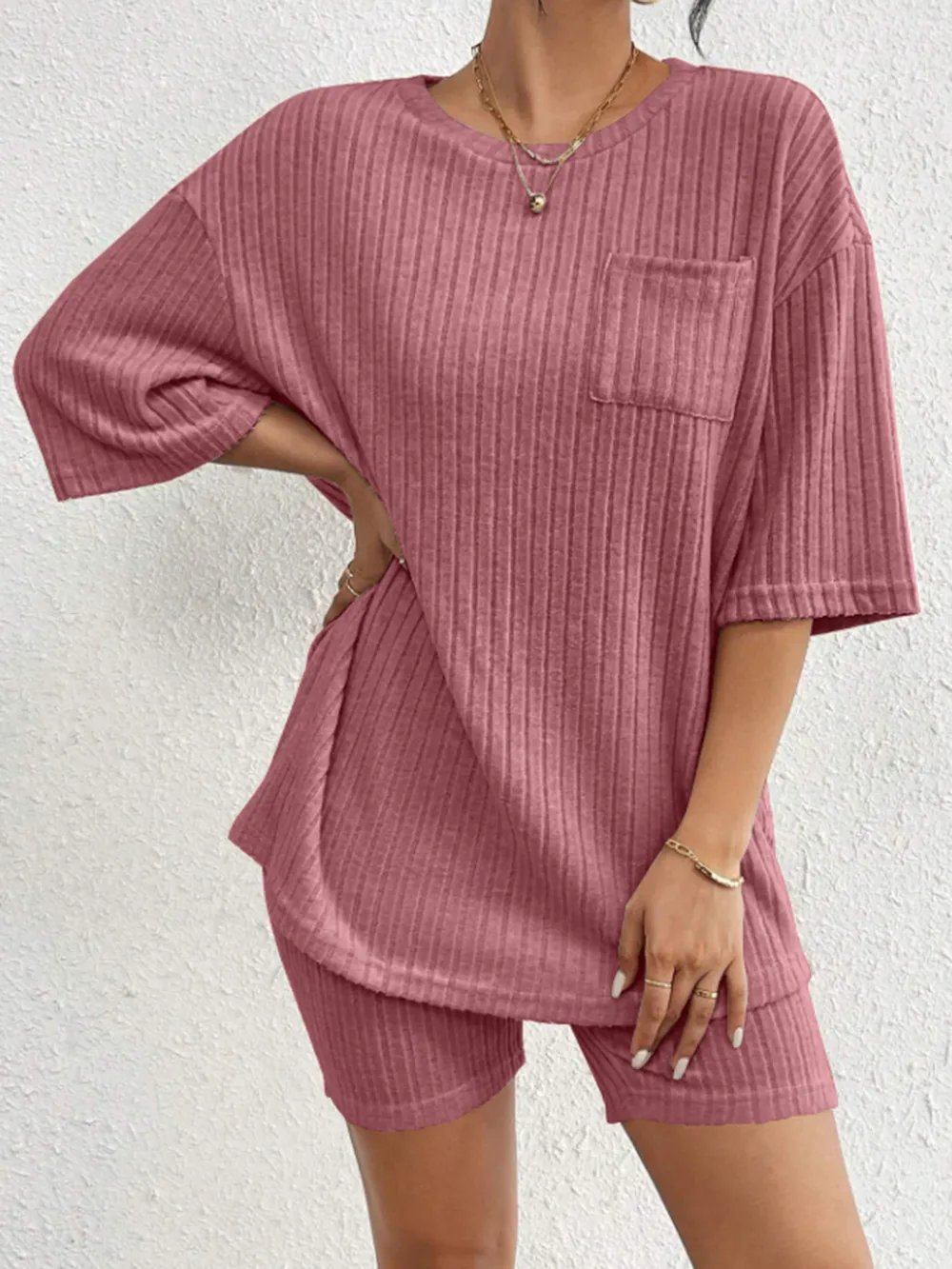 Ribbed Round Neck Top and Shorts Set, image 11