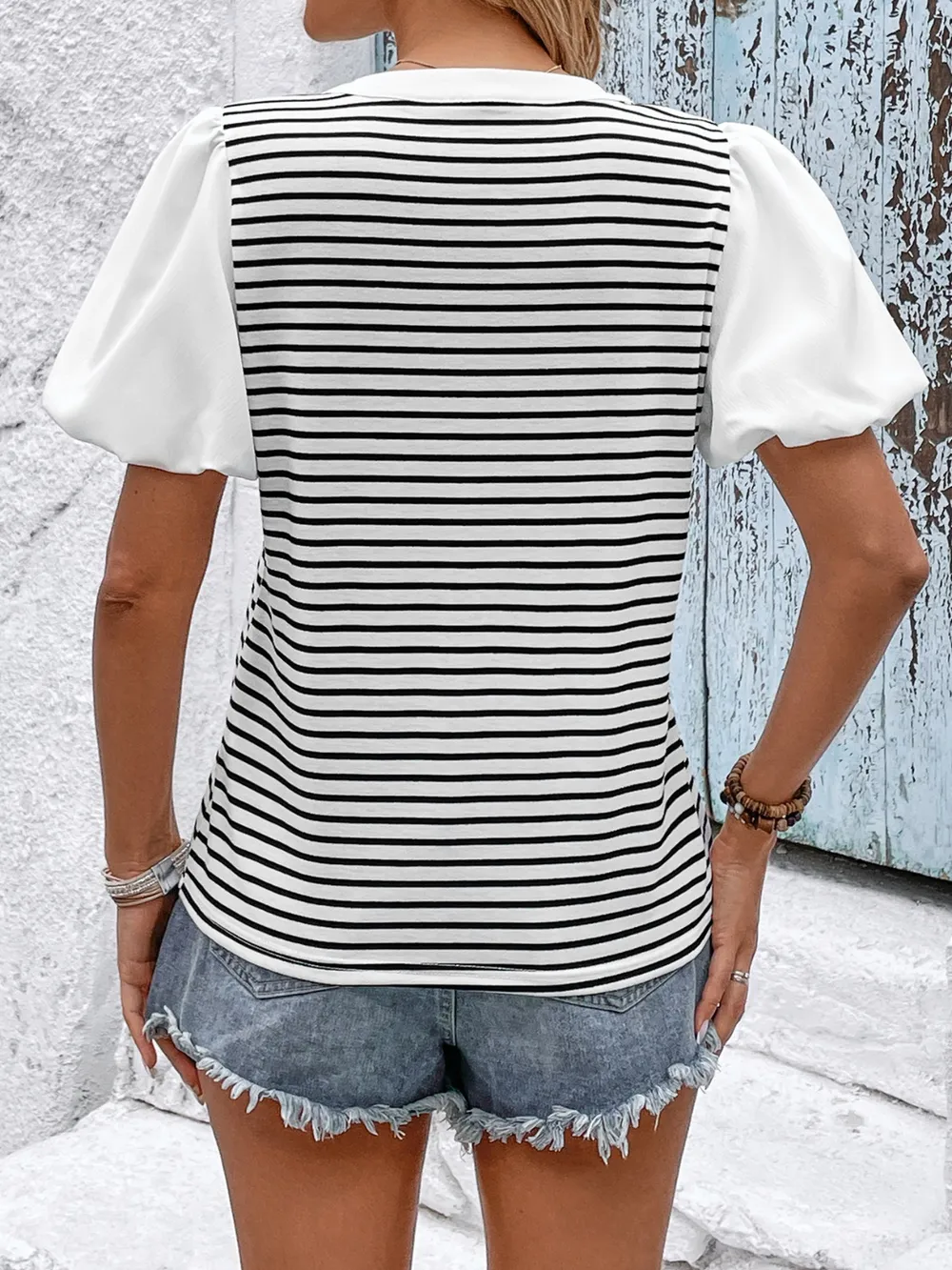 Striped Notched Short Sleeve T-Shirt, image 6