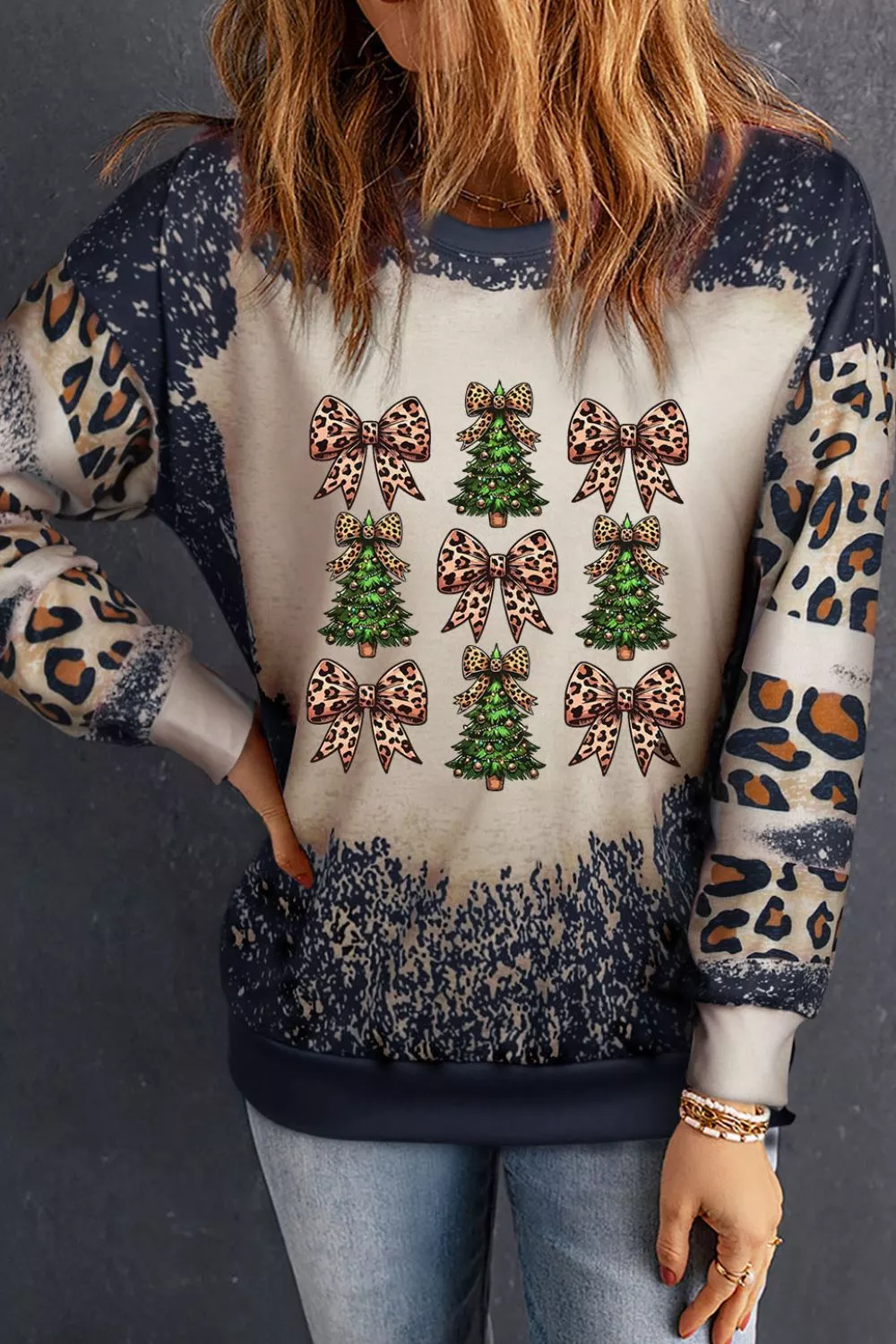 Christmas Tree & Leopard Bow Round Neck Sweatshirt, image 2