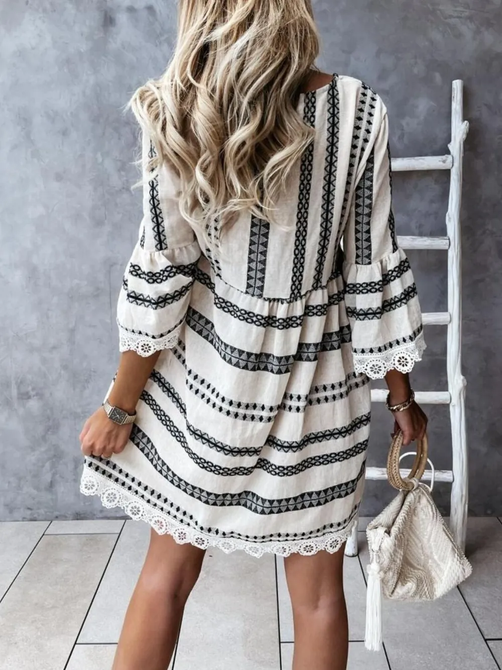 V-Neck Lace Trim Striped Babydoll Dress, image 2