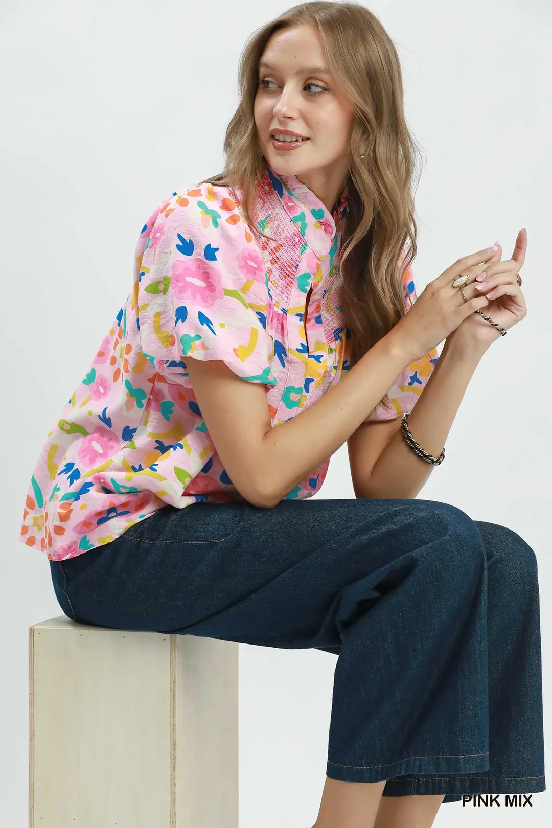 Folk Art Print Top with Smocked Detail, image 4