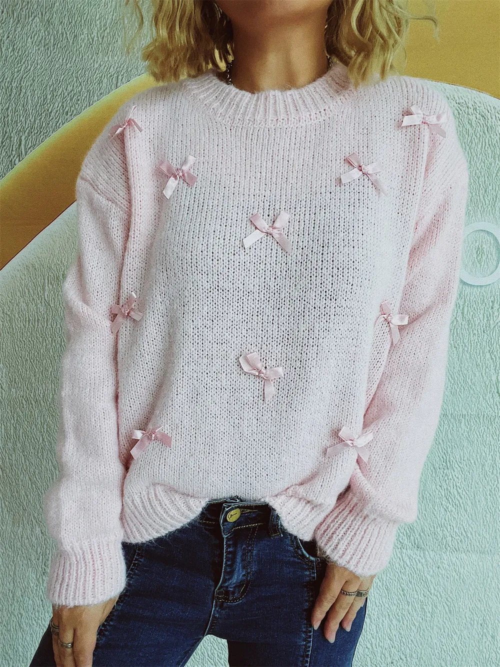 Bow Trim Round Neck Long Sleeve Sweater, image 10