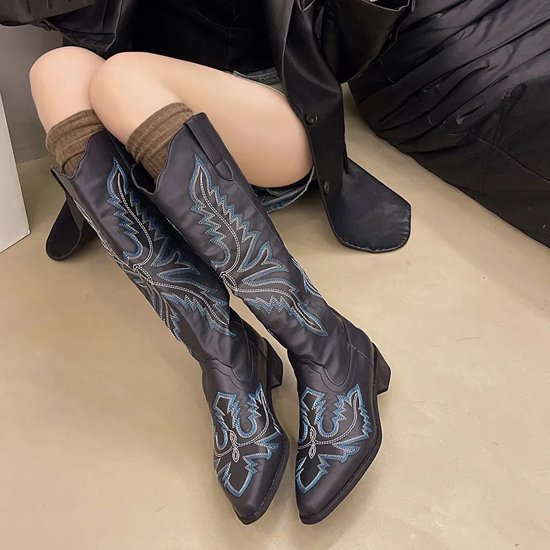 Embroidered Point Toe Block Heels Boots, image 5