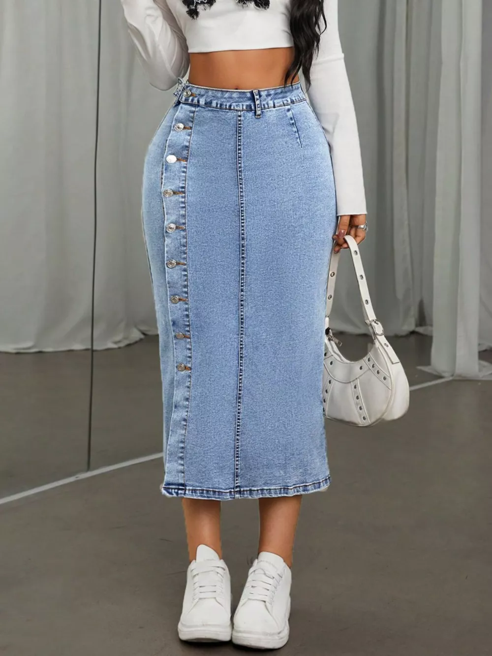 Side Button Slit Denim Midi Skirt, image 3