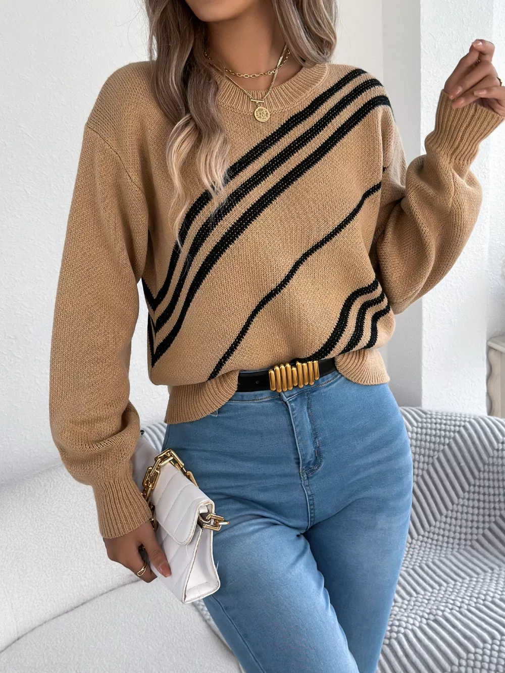 Striped Pattern Casual Round Neck Sweater, image 2
