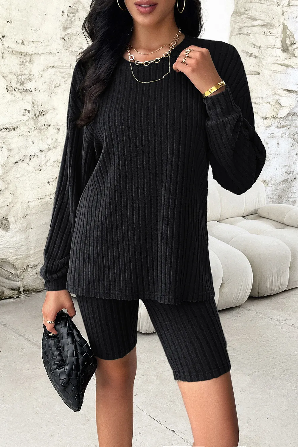 Ribbed Round Neck Dropped Shoulder Top and Shorts Set, image 5