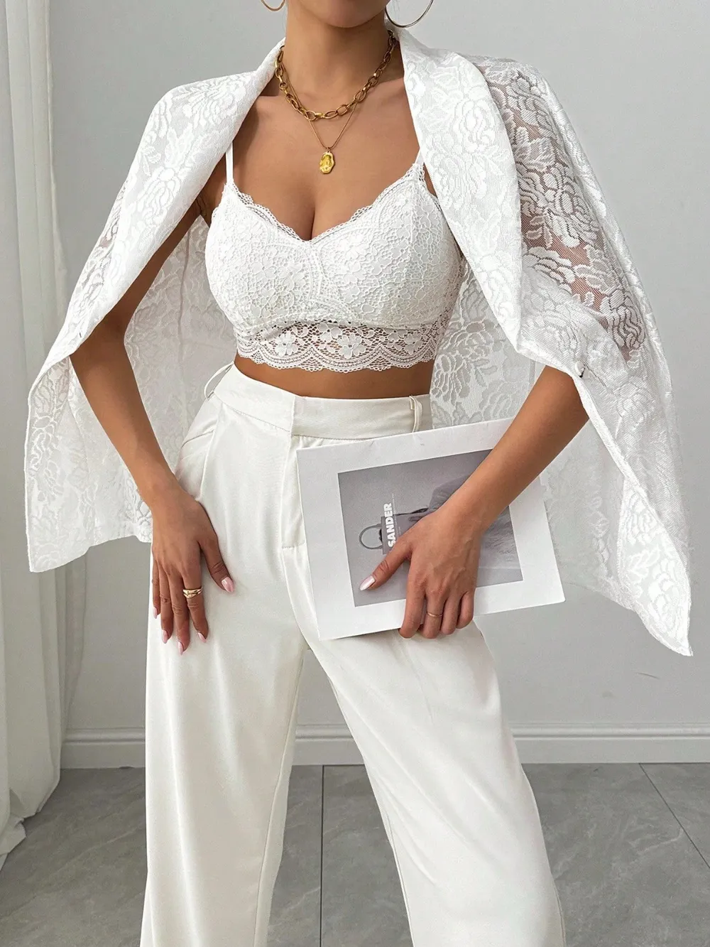 Lace Lapel Collar Long Sleeve Blazer, image 3