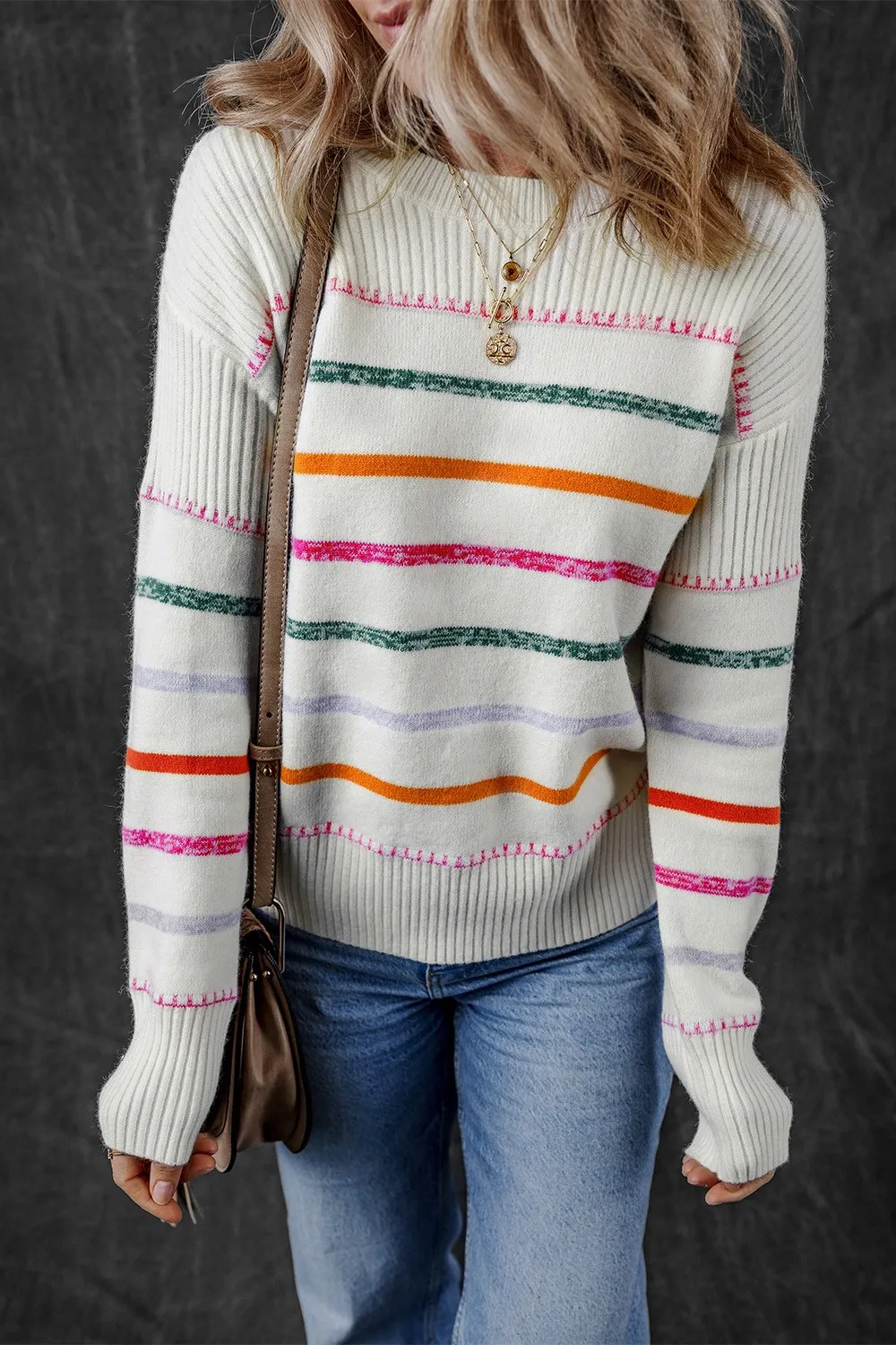 Striped Round Neck Dropped Shoulder Sweater, image 6
