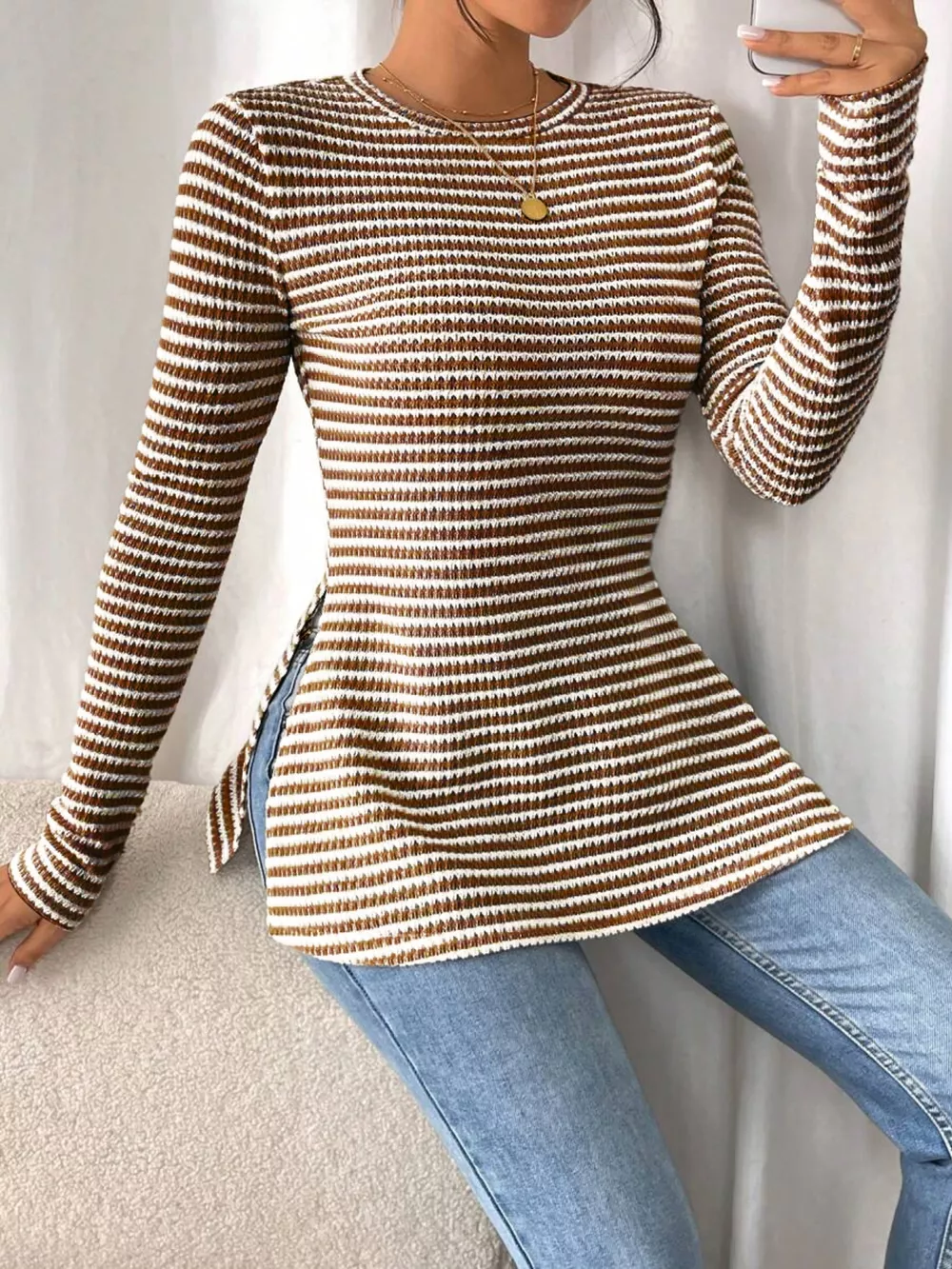 Slit Striped Long Sleeve Casual T-Shirt, image 22