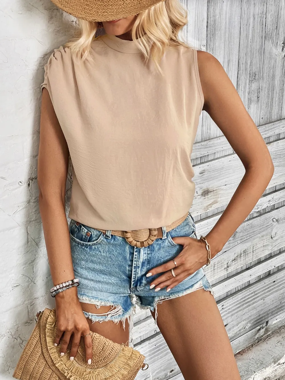 Ruched Shoulder Mock Neck Sleeveless Top, image 3