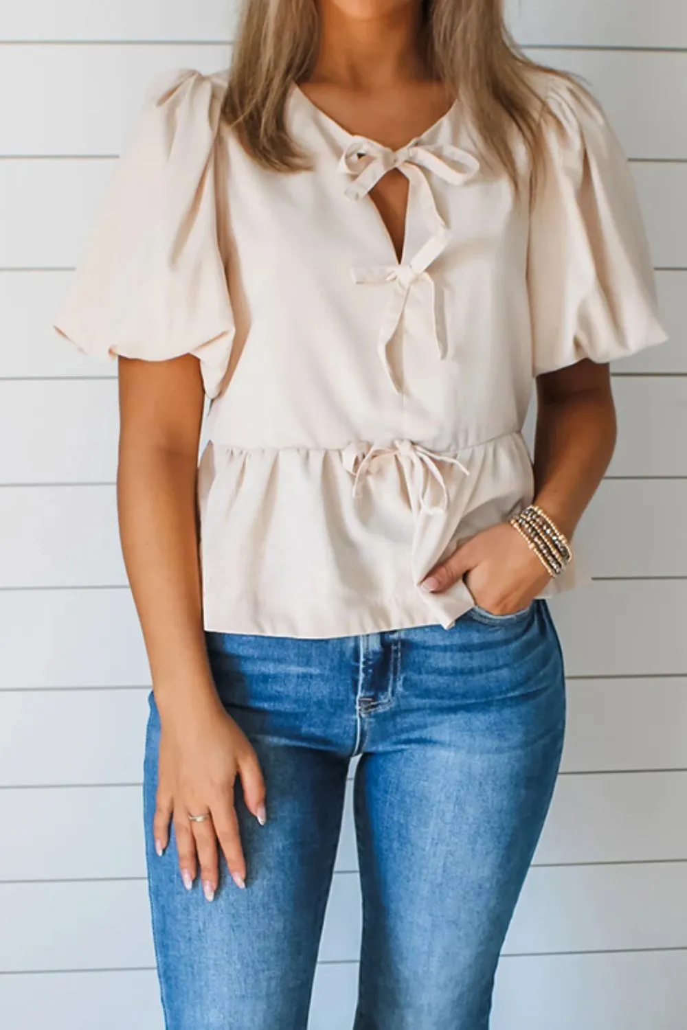 Bow Tie Short Puff Sleeve Ruffle Hem Blouse, image 4