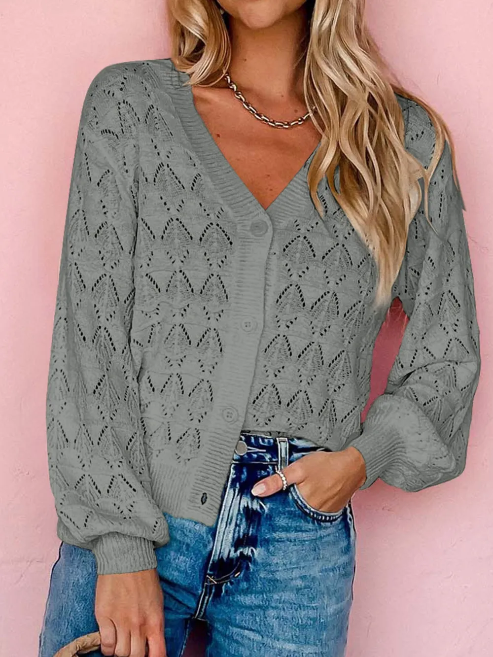 Buttoned Front Openwork Cardigan, image 5