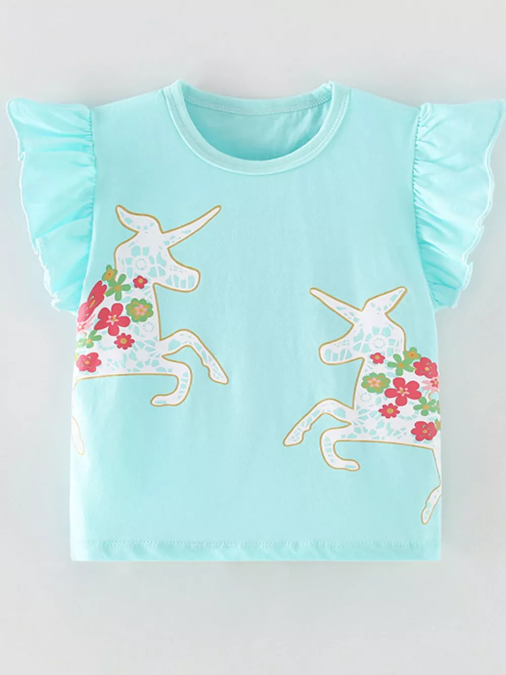 Children's Cute Unicorn Floral Print Ruffle Sleeve T-Shirt