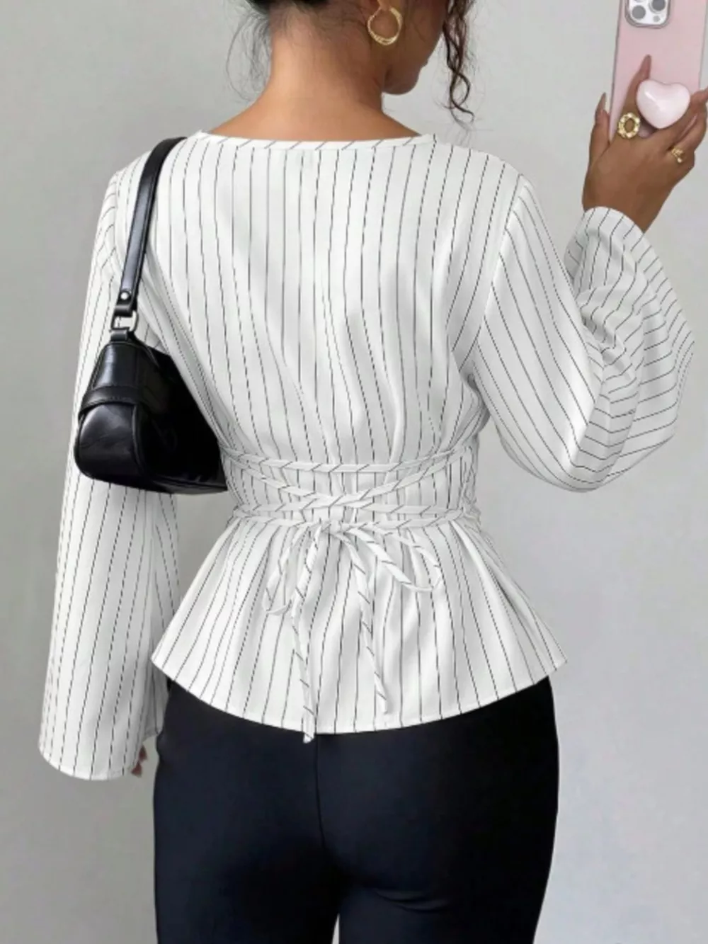 Elegant Pinstriped Bell Sleeve Blouse with Back Lace Up, image 8