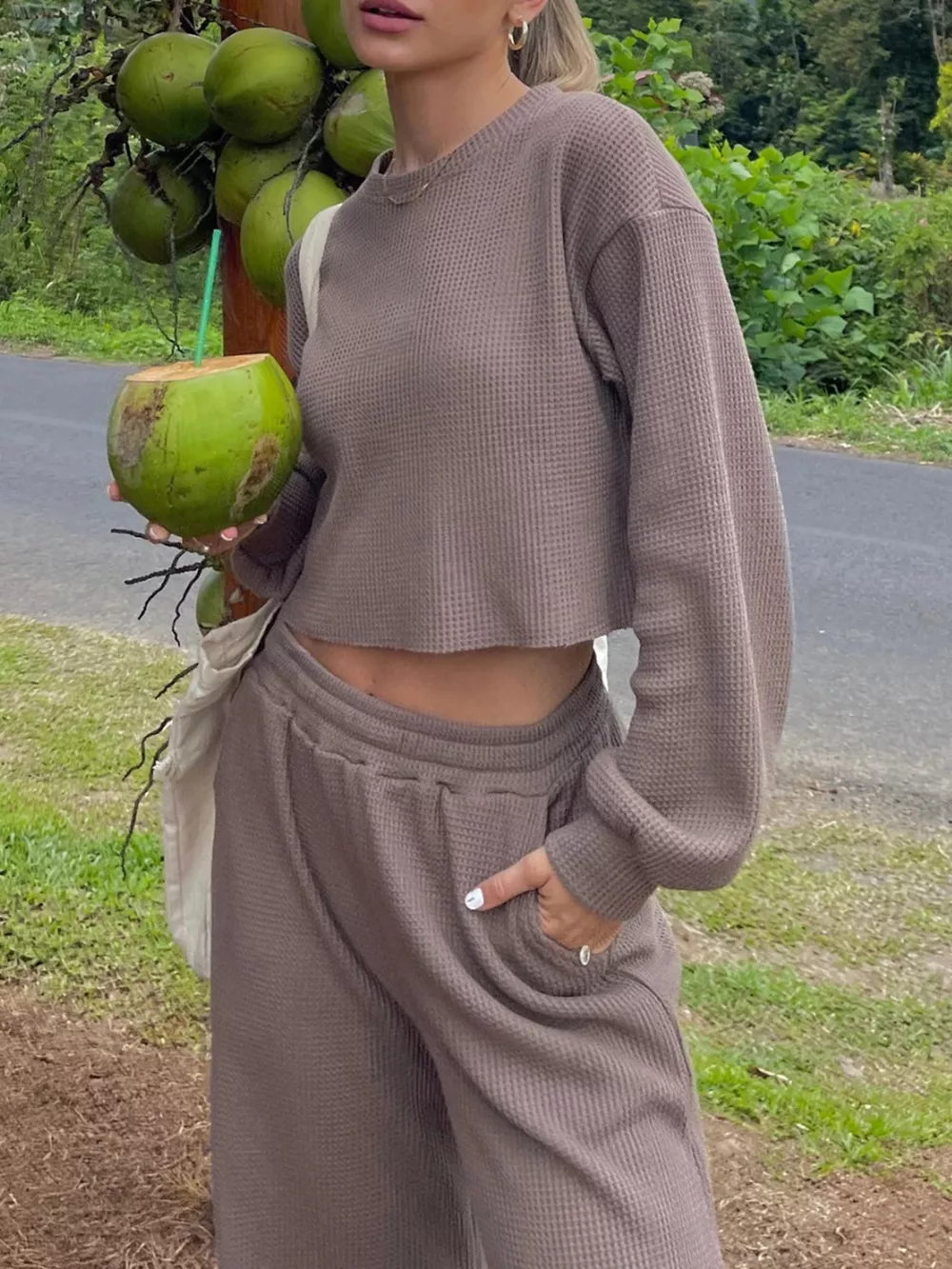Waffle-Knit Round Neck Top and Pants Set, image 18