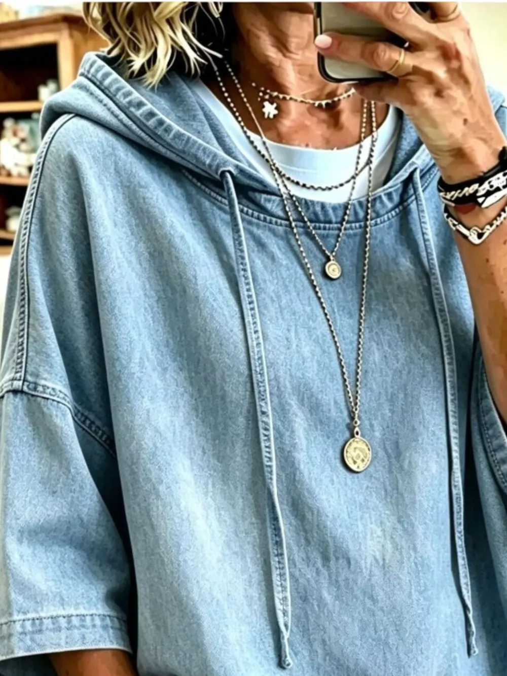 Full Size Oversized Washed Denim Hoodie Top Plus Size, image 2
