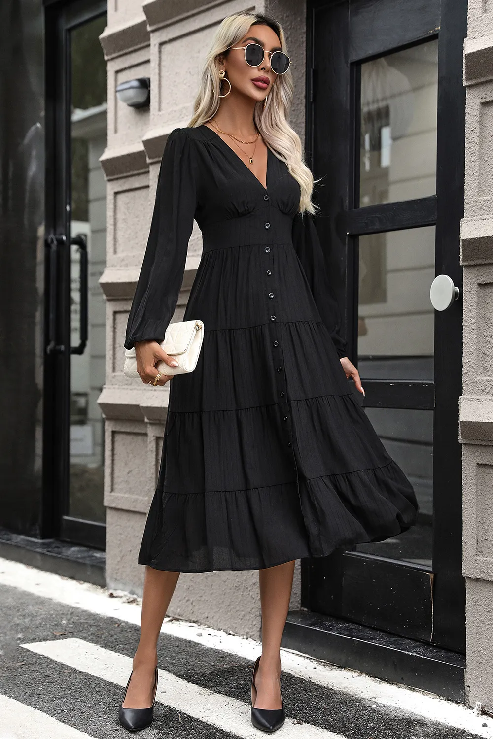 Tiered Ruched Button Up Midi Dress, image 4