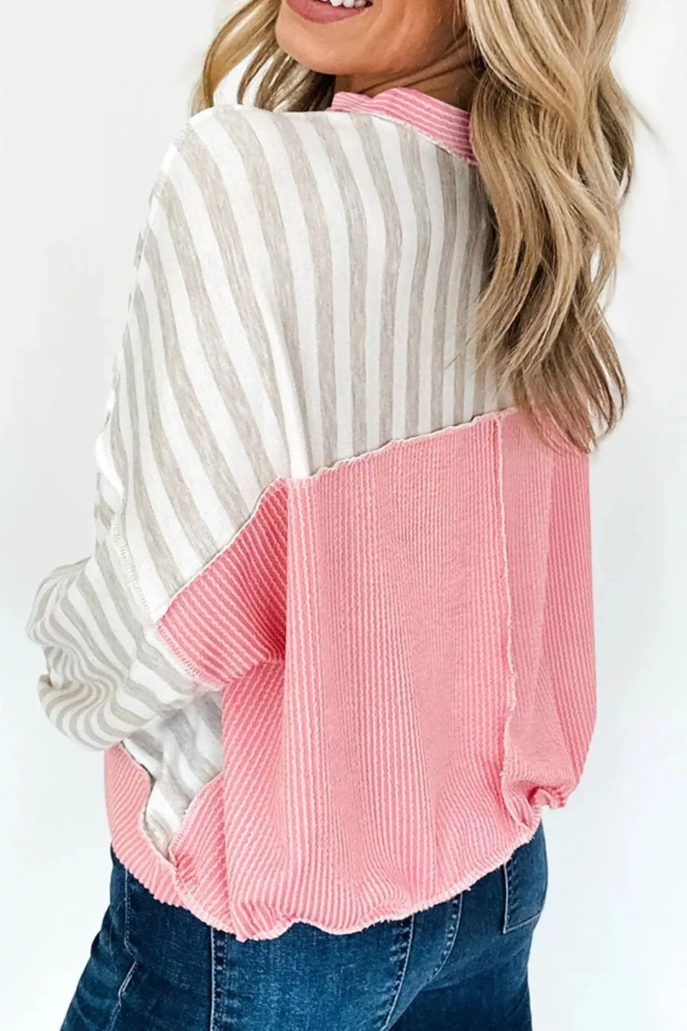 Twisted Rib Trim Striped Round Neck Loose Pullover Sweatshirt, image 4