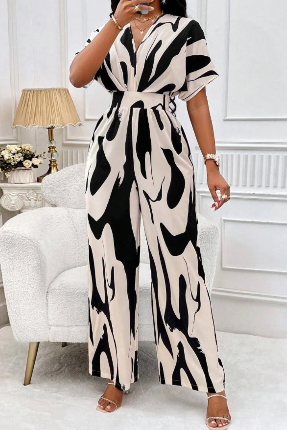 Printed V-Neck Short Sleeve Wide Leg Jumpsuit, image 2
