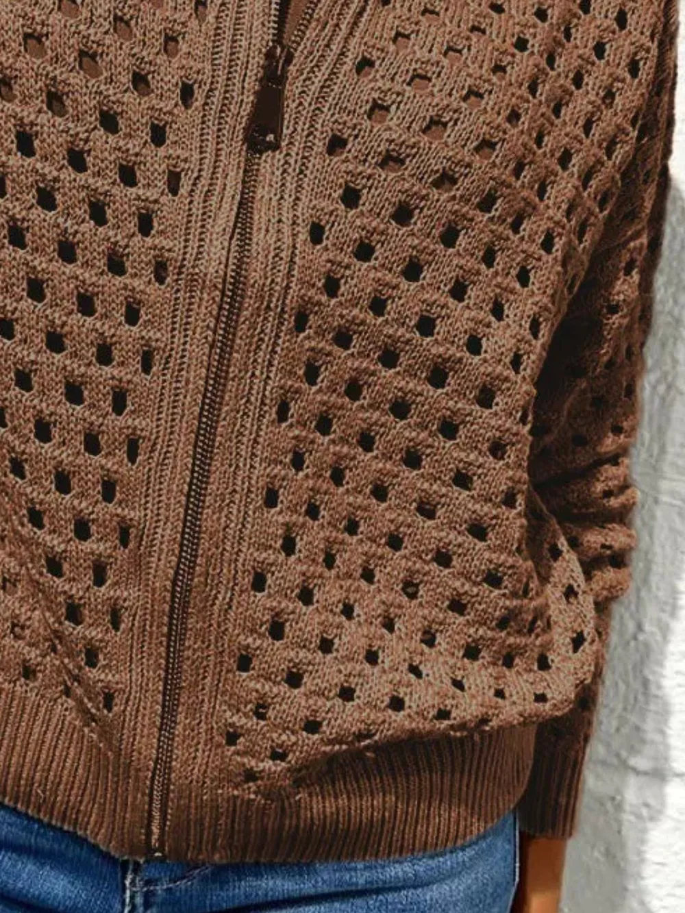 Full Size Zip Up Long Sleeve Cardigan with Eyelet Detail Plus Size, image 9
