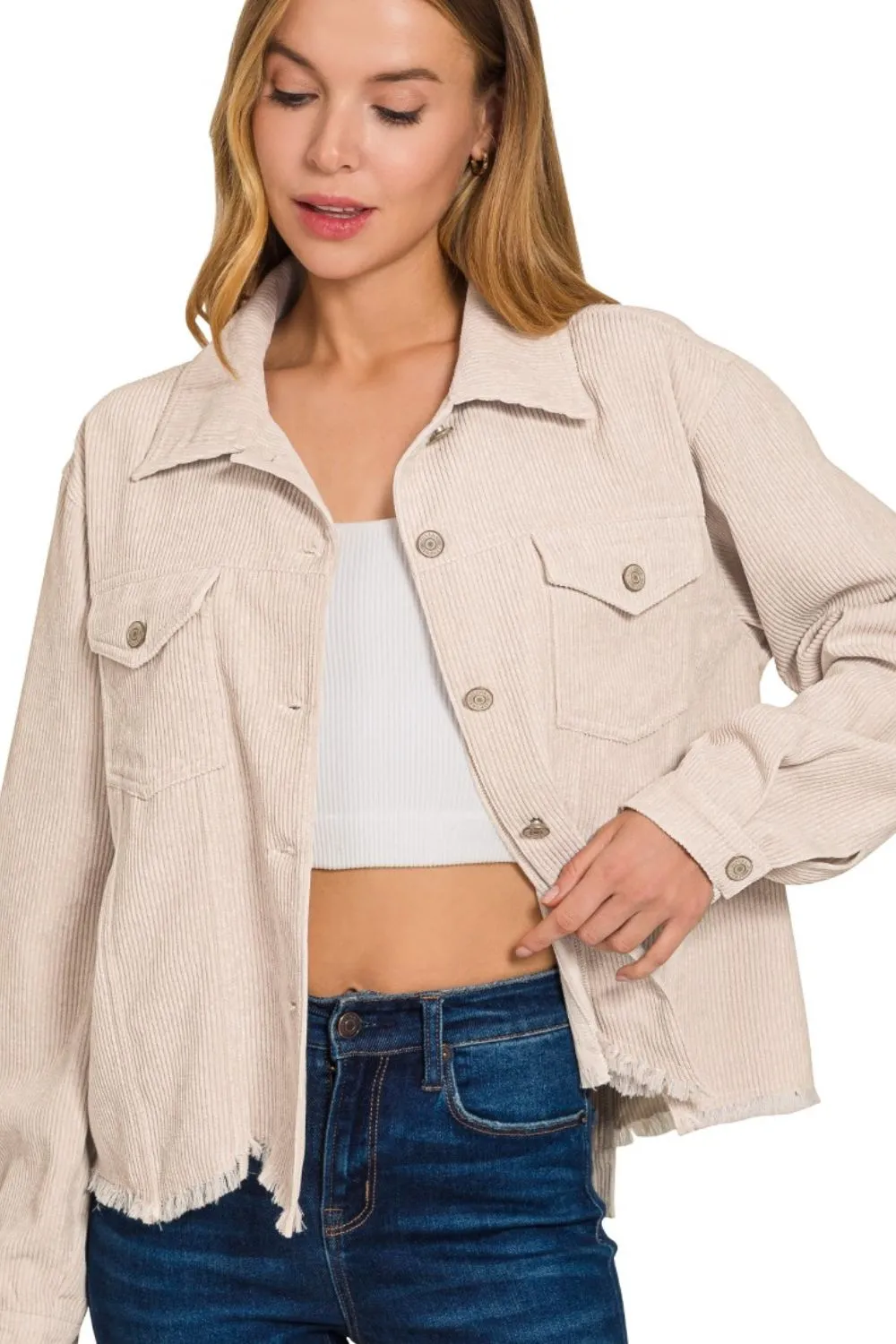 Distressed Corduroy Frayed Hem Cropped Jacket