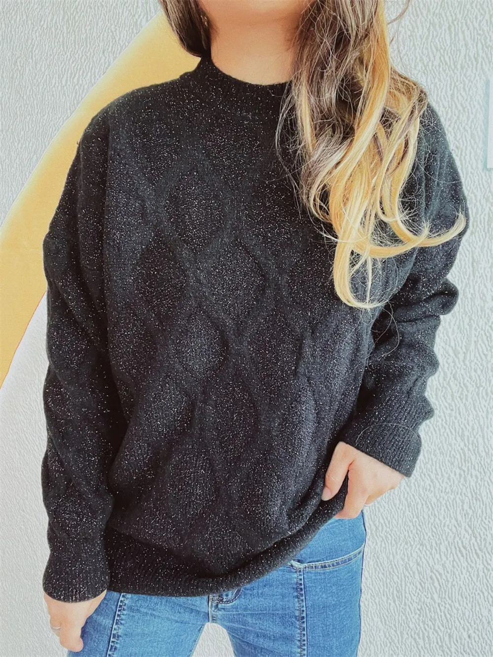 Diamond Round Neck Long Sleeve Sweater, image 3
