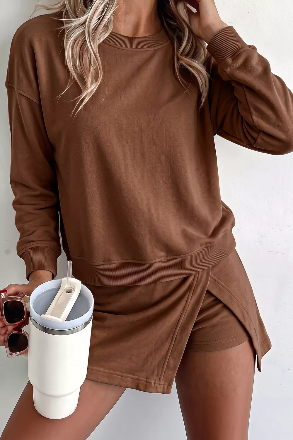 Solid Color Long Sleeve Top Split Skort 2pcs Outfit, image 4