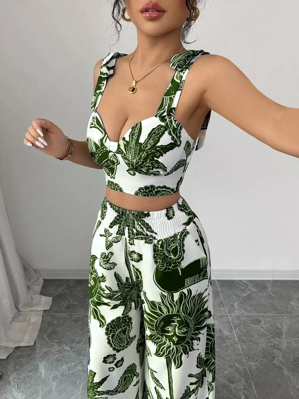 Floral Print Crop Top and Wide Leg Pants Set, image 11