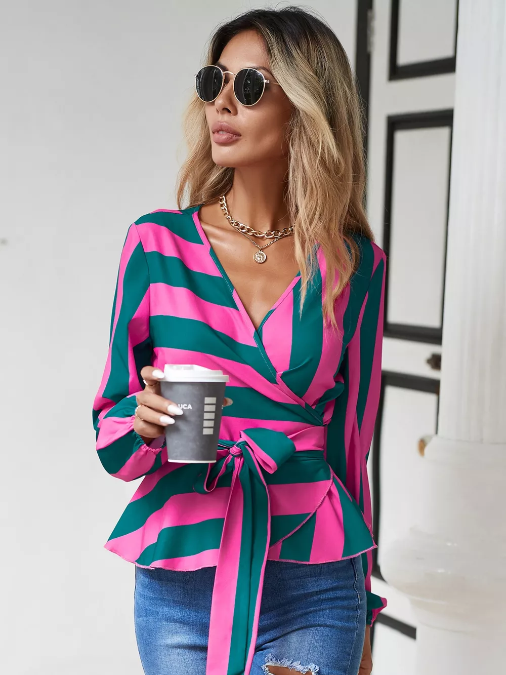 Striped Wrap Blouse with Tie Detail, image 4