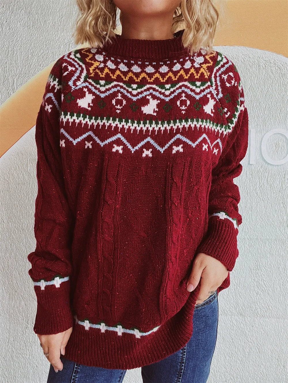 Cable-Knit Mock Neck Long Sleeve Sweater, image 4