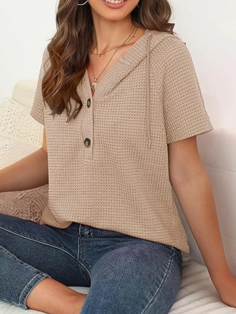 Drawstring Waffle-Knit Short Sleeve Hooded Top, image 18