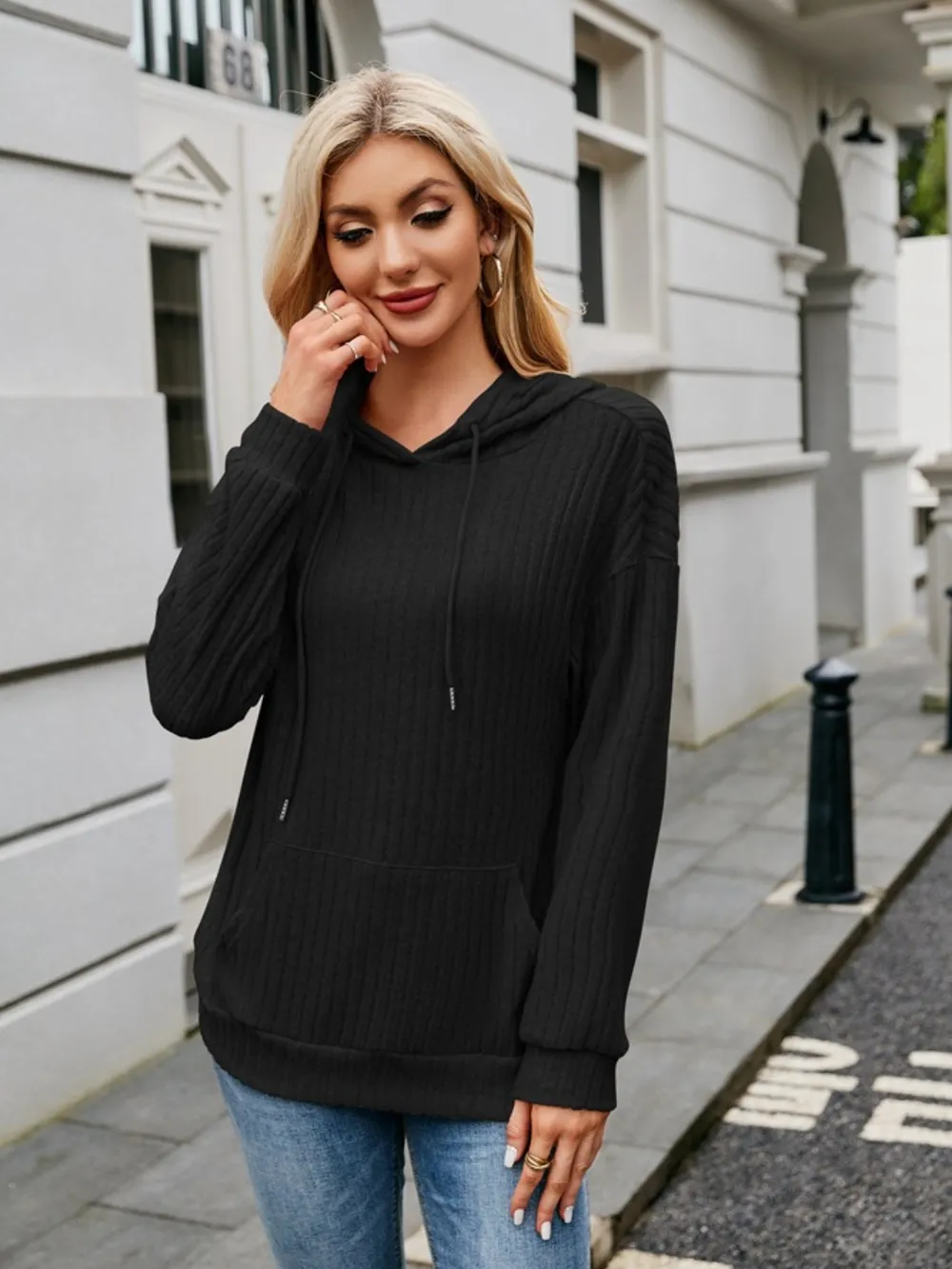 Ribbed Drawstring Long Sleeve Hoodie, image 14