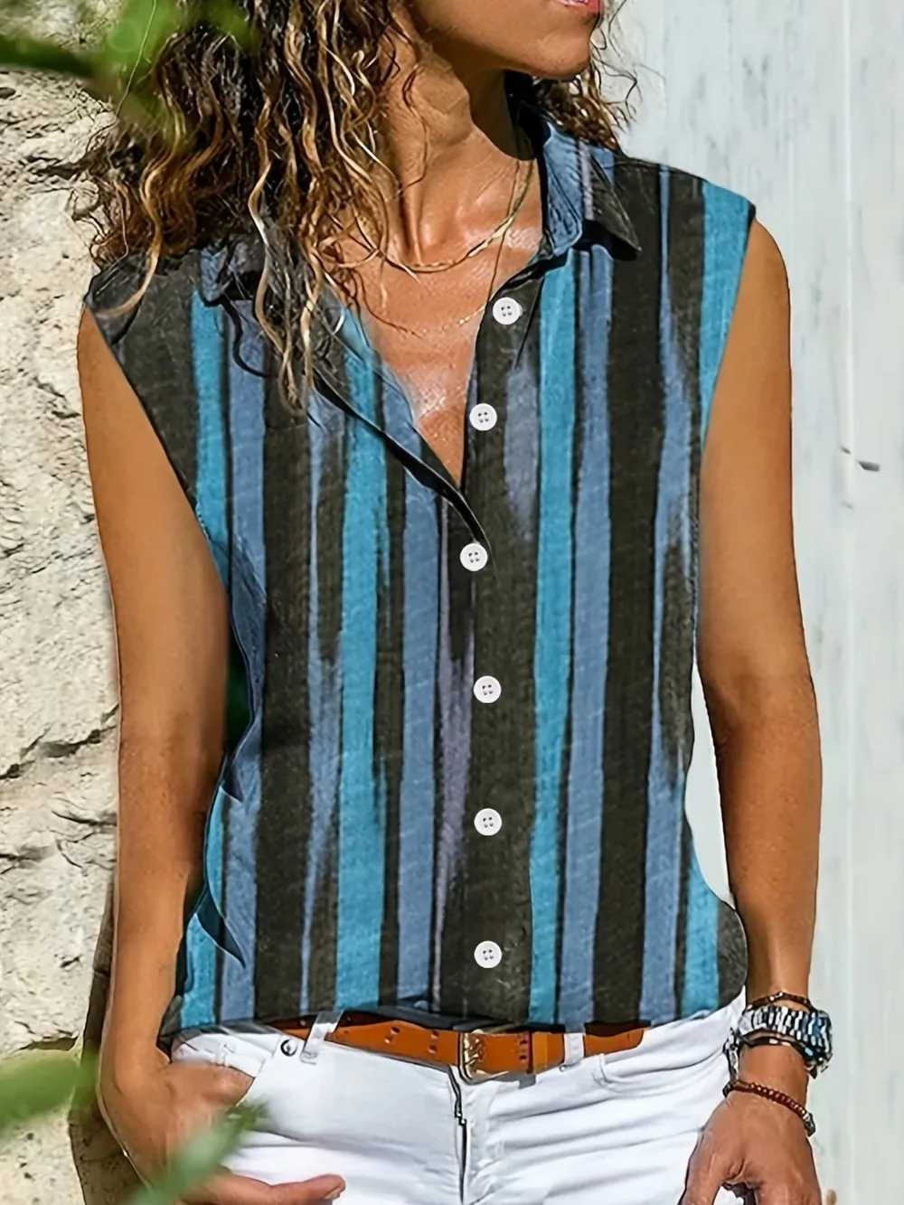 Button Detail Striped Sleeveless Shirt, image 2