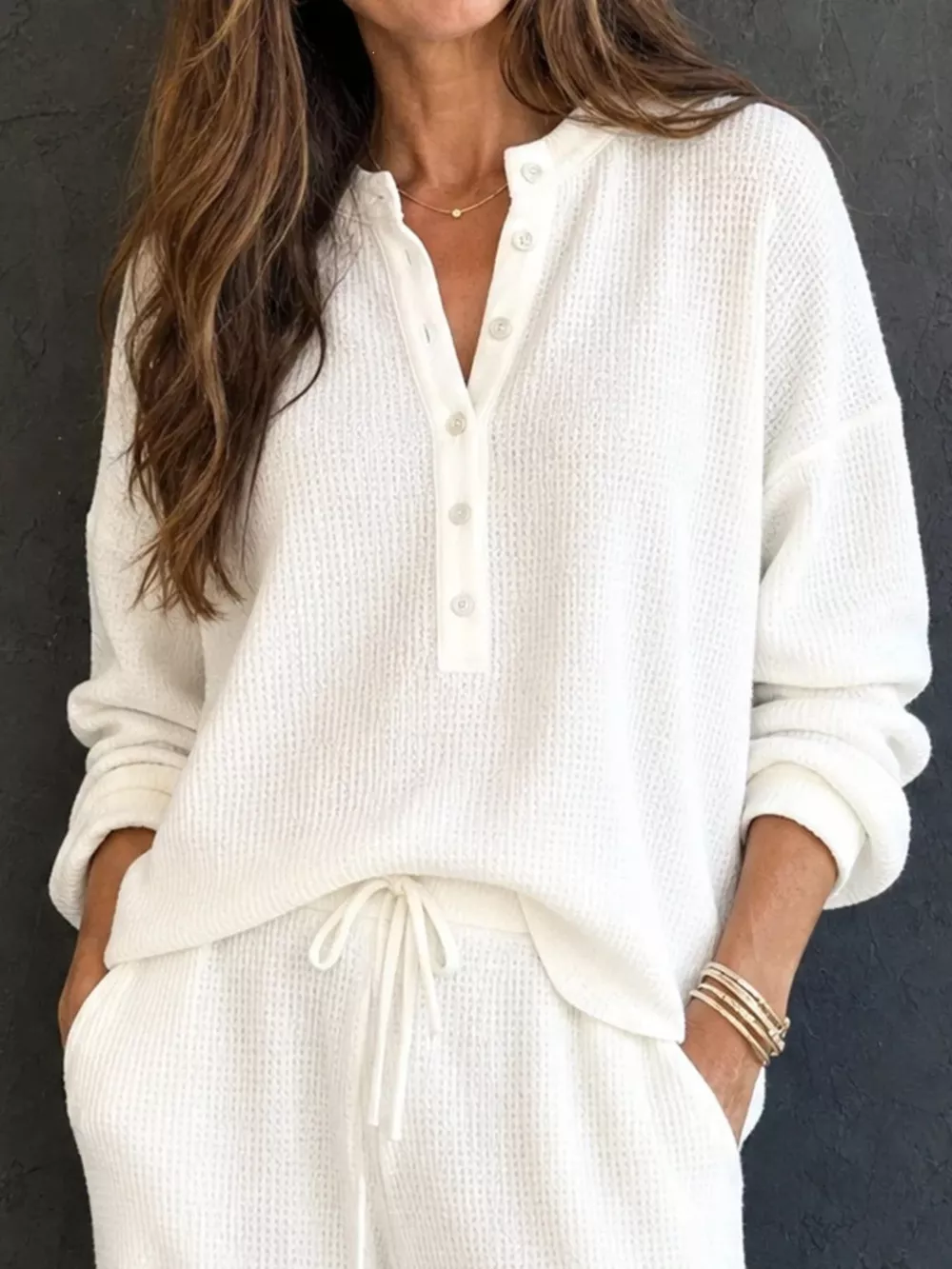 Waffle Knit Henley Top and Wide Leg Pants Set, image 2