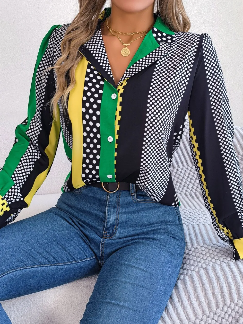 Polka Dot Contrast Long Sleeve Shirt, image 11